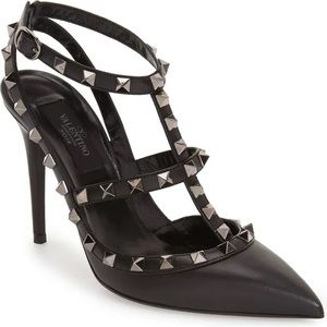 Valentino Noir Rockstud T-Strap Pointed Toe Pump